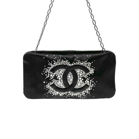 CHANEL Handbags - Chanel Satin Crystal CC Clutch Shoulder Bag Black Silver Chain